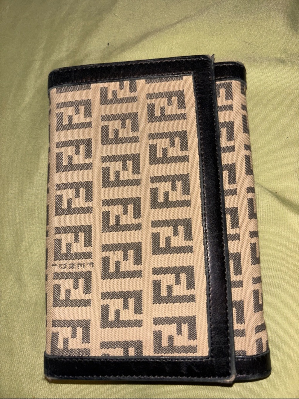 Fendi Zucca Canvas Trifold Wallet in Beige and Brown with Black Trim